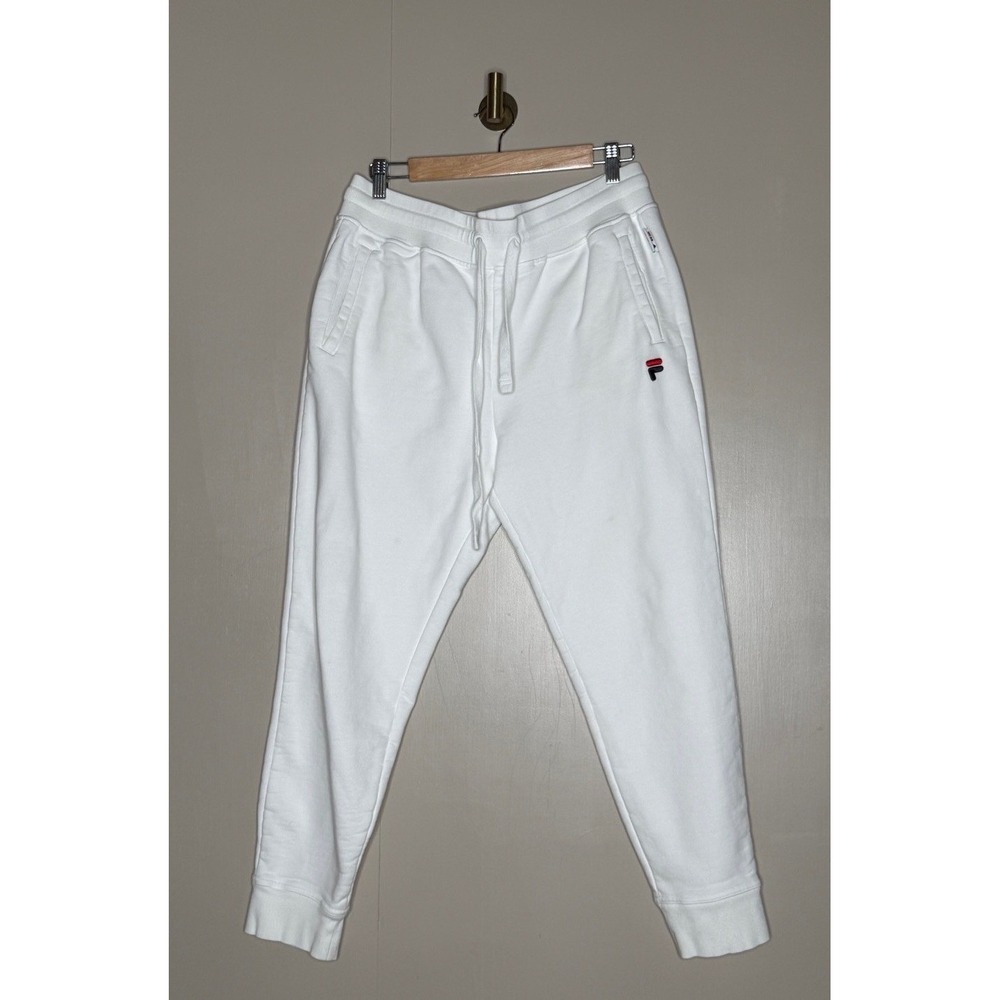 Fila White Fleece Jogger Sweatpants Size L Logo Zip Pockets Athletic